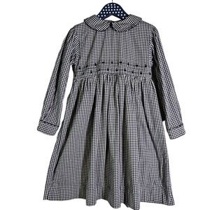 Buissonniere Gingham‎ Check Dress Girls 6 Navy Ivory Embroidered Hearts